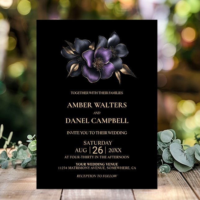 Invitation Mariage Floral gris violet noir (Créateur téléchargé)