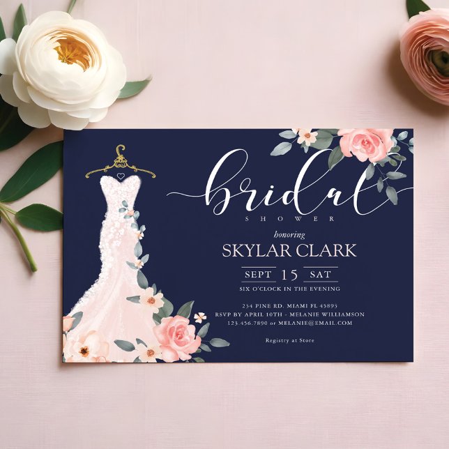 Invitation Mariage floral habit Marine nuptiale douche Invita (Floral Wedding Dress Navy Bridal Shower Invitation)
