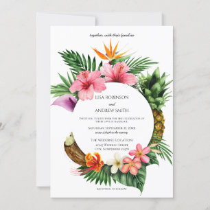 Invitation Mariage Floral Hawaiien Circulaire Tropical Coconu