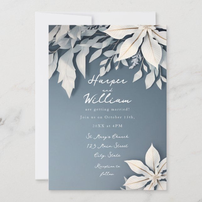 Invitation Mariage floral hivernal blanc neige et bleu givré (Devant)