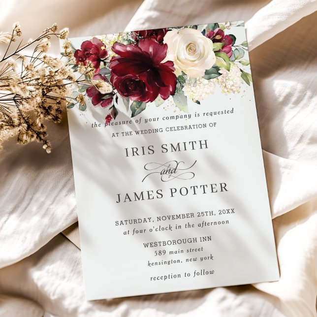 Invitation Mariage floral ivoire de Bourgogne classique (elegant rustic burgundy ivory white floral wedding invitation cards printed digital download )