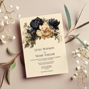 Invitation Mariage floral ivoire noir roux vert pivoine
