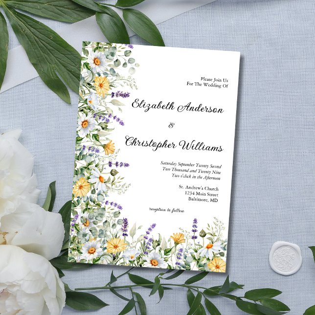 Invitation Mariage Floral Jaune Blanc Lavande Eucalyptus (Yellow White Lavender Eucalyptus Wildflowers  Wedding Invitation. Printed or Digital Download)