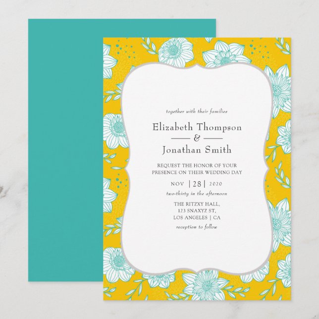 Invitation Mariage floral jaune et Turquoise (Devant / Derrière)