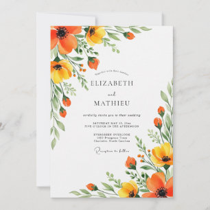 Invitation Mariage Floral Jaune Orange Élégant