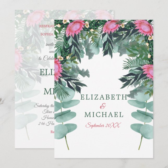 Invitation Mariage floral juif Chuppah Eucalyptus Protea (Devant / Derrière)