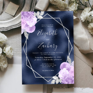 Invitation Mariage Floral Lilas Argent Feuille de Navy