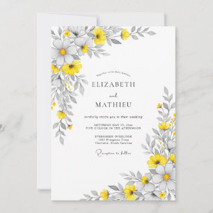 Invitation Mariage Floral Lumineux Gris Jaune