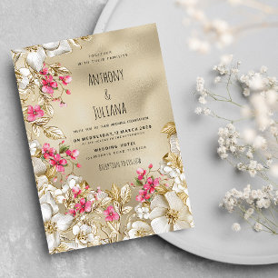 Invitation Mariage floral luxueux rose romantique en or blanc