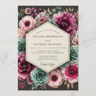 Invitation Mariage floral luxuriant sarcelle et magenta
