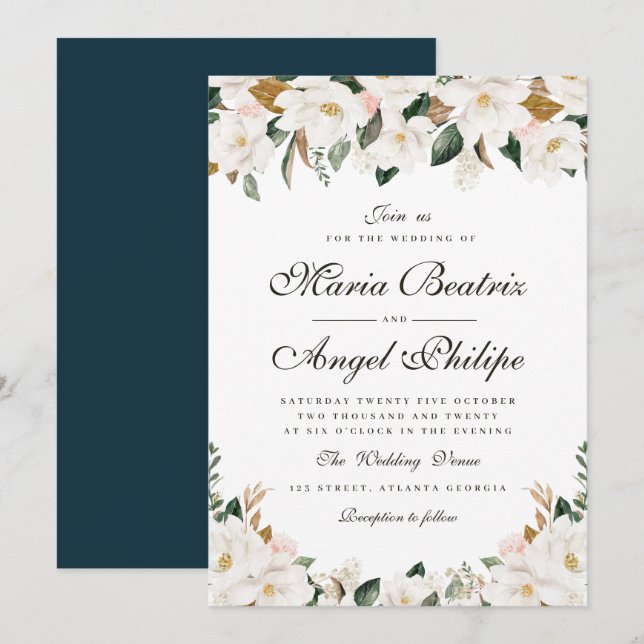 Invitation Mariage floral magnolia d'aquarelle moderne (Devant / Derrière)