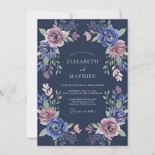 Invitation Mariage Floral Majestueux Bleu de Minuit