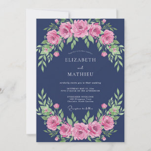 Invitation Mariage Floral Majestueux Bleu Marine