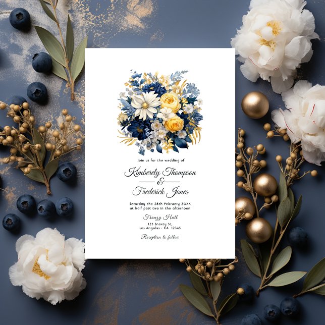 Invitation Mariage floral marine, blanc et or (Créateur téléchargé)