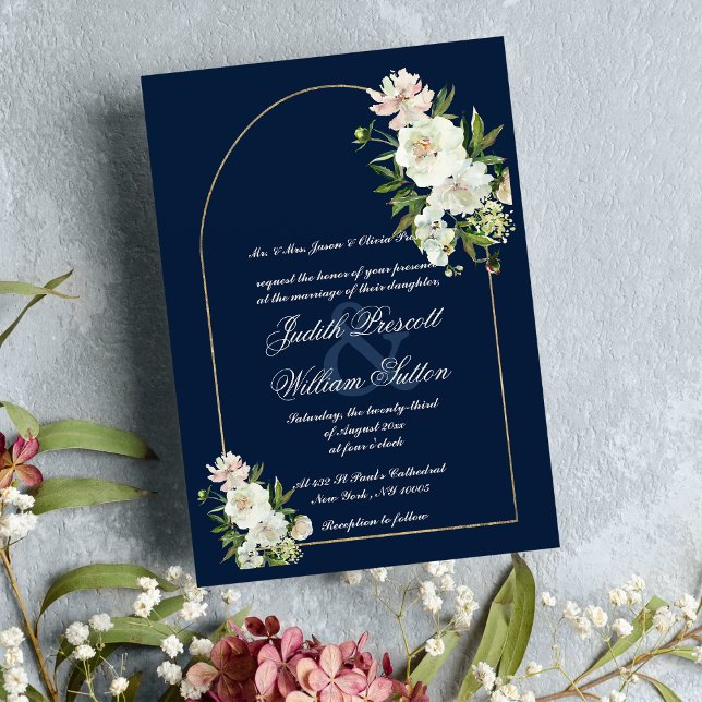 Invitation Mariage floral marine bleu menthe blanche pivoine  (Navy blue gold mint white peony floral wedding )