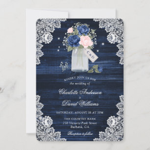 Invitation Mariage Floral Marine Blue Blush Wood Mason Jar