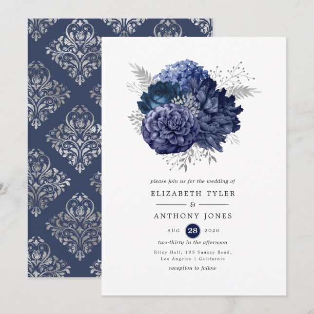 Invitation Mariage floral marine et argent (Devant / Derrière)