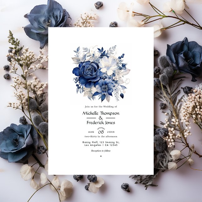 Invitation Mariage floral marine et argent (Créateur téléchargé)