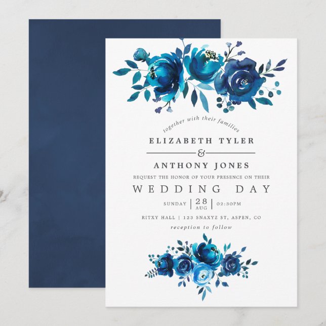 Invitation Mariage floral marine et blanc (Devant / Derrière)
