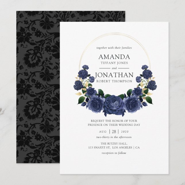 Invitation Mariage floral marine et or (Devant / Derrière)
