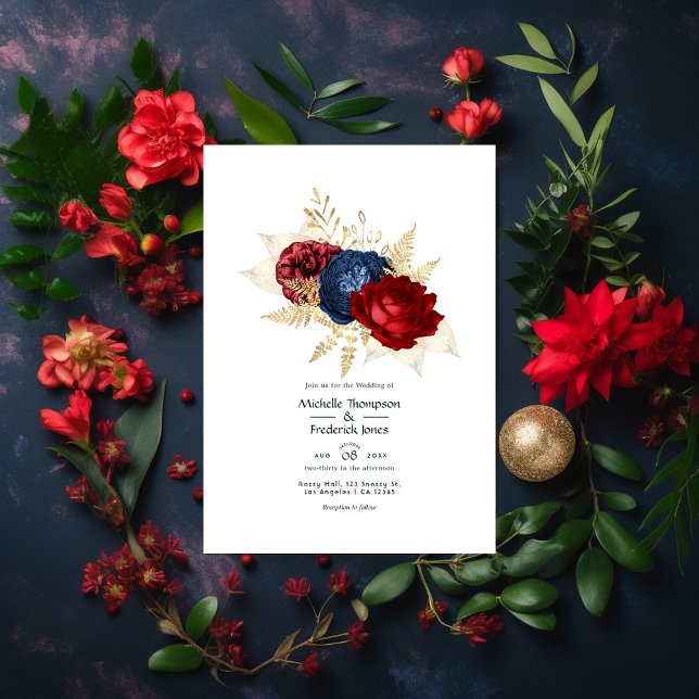 Invitation Mariage floral marine, rouge et or (Créateur téléchargé)