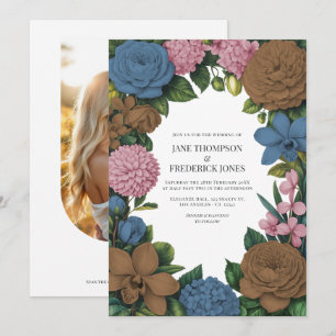 Invitation Mariage Floral Marron Moka, Bleu Poussière et Rose