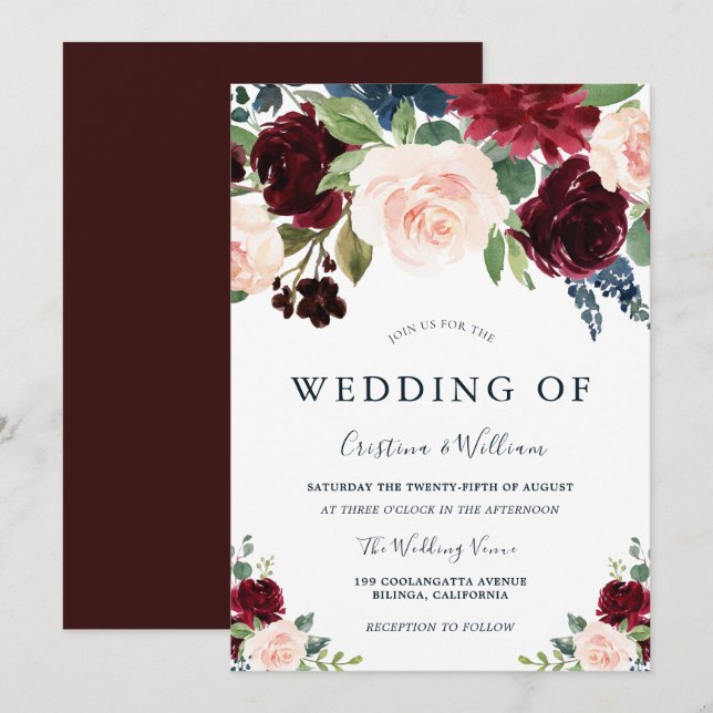 Invitation Mariage Floral Marsala Bourgogne Rouge & Blush (Devant / Derrière)
