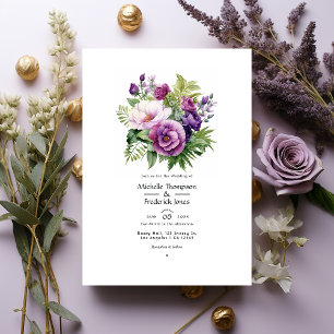 Invitation Mariage floral mauve pourpre et verdure