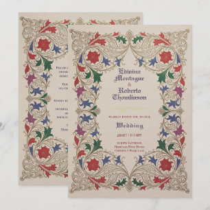 Invitation Mariage Floral Médiéval Rouge Violet Or