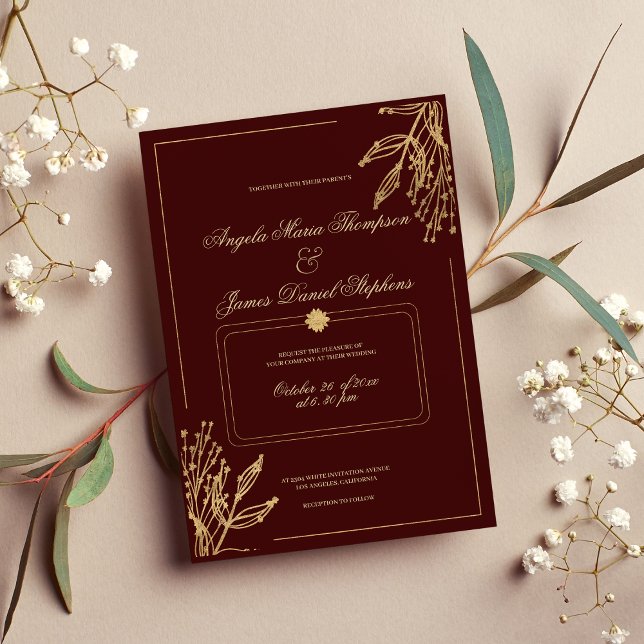 Invitation Mariage floral minimaliste géométrique bordeaux or (Minimalist geometric burgundy gold floral wedding invitation )