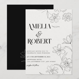 Invitation Mariage floral minimaliste noir et blanc