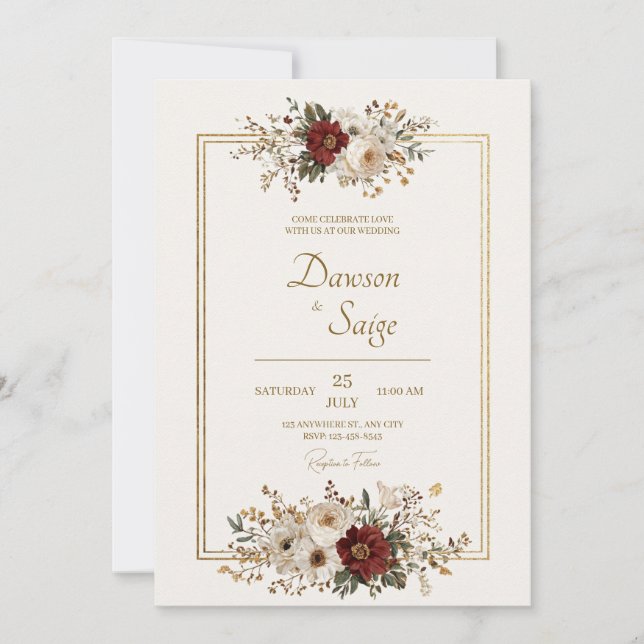 Invitation Mariage floral minime or et bourgogne (Devant)