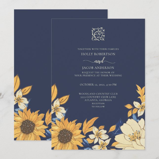 Invitation Mariage floral moderne bleu crème jaune tournesol (Devant / Derrière)