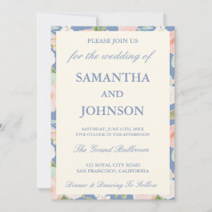 Invitation Mariage Floral Moderne Bleu Poussiéreux Ivoire Vin