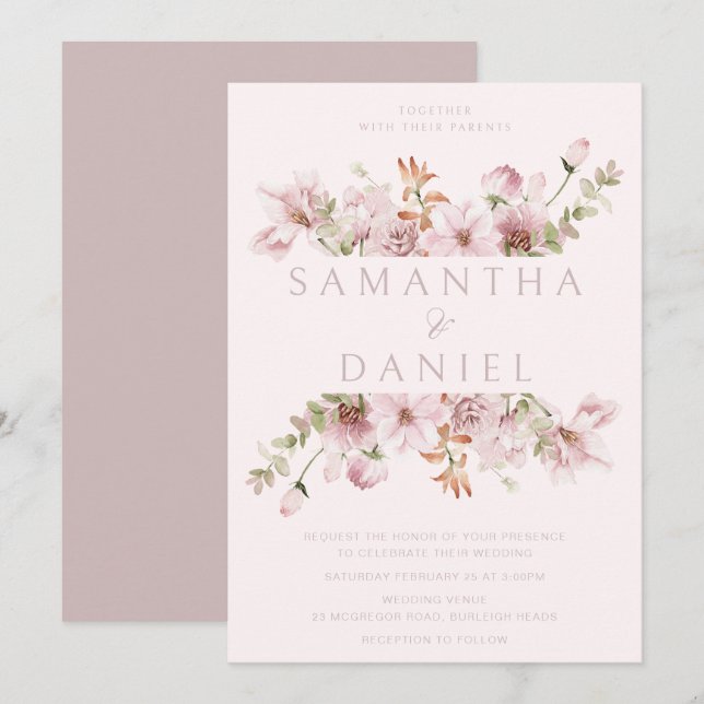 Invitation Mariage floral moderne Blush & Dusty Rose (Devant / Derrière)