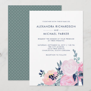 Invitation Mariage floral moderne Blush et Navy vertical