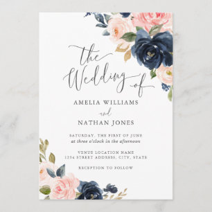 Invitation Mariage floral moderne Blush Navy