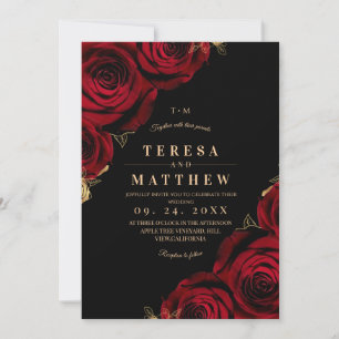 Invitation Mariage Floral Moderne Bordeaux Noir ⎮ Rose Rouge