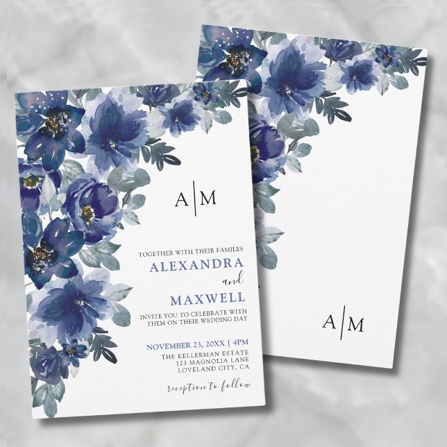 Invitation Mariage floral moderne élégant bleu marine (Navy Blue Elegant Modern Floral Wedding Invitation)