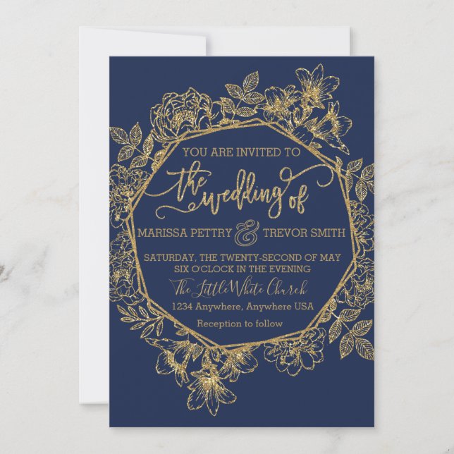 Invitation Mariage floral moderne Marine & Gold (Devant)