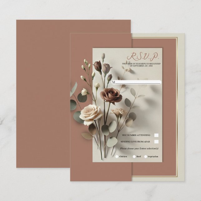 Invitation Mariage floral moderne Mocha Mousse RSVP (Devant / Derrière)