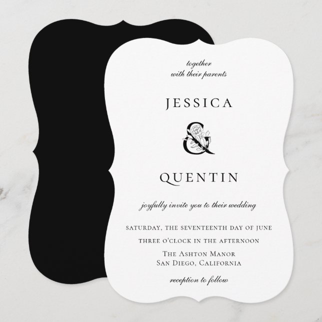 Invitation Mariage Floral moderne noir et blanc (Devant / Derrière)