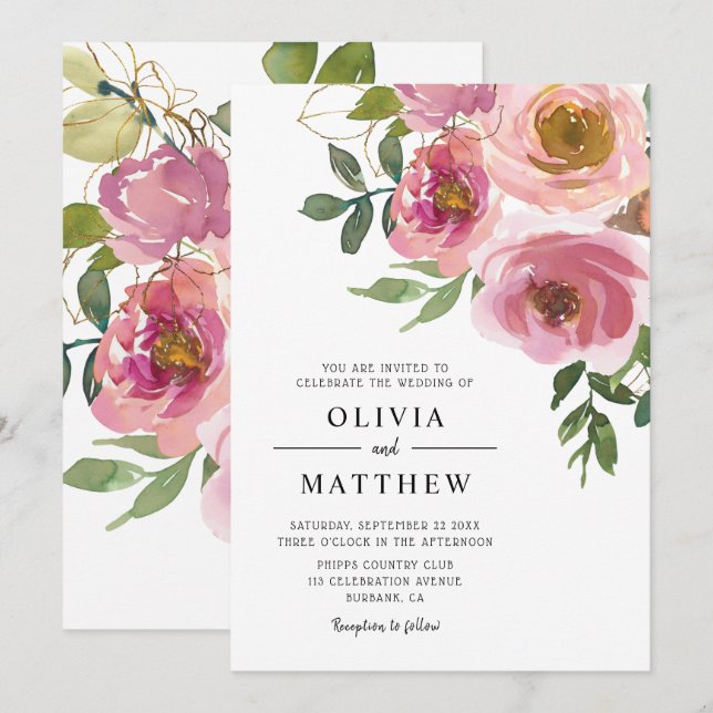 Invitation Mariage floral moderne Peach Blush (Devant / Derrière)