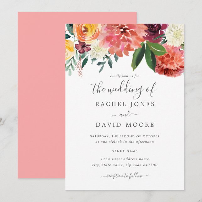 Invitation Mariage floral moderne Peach Burgundy (Devant / Derrière)