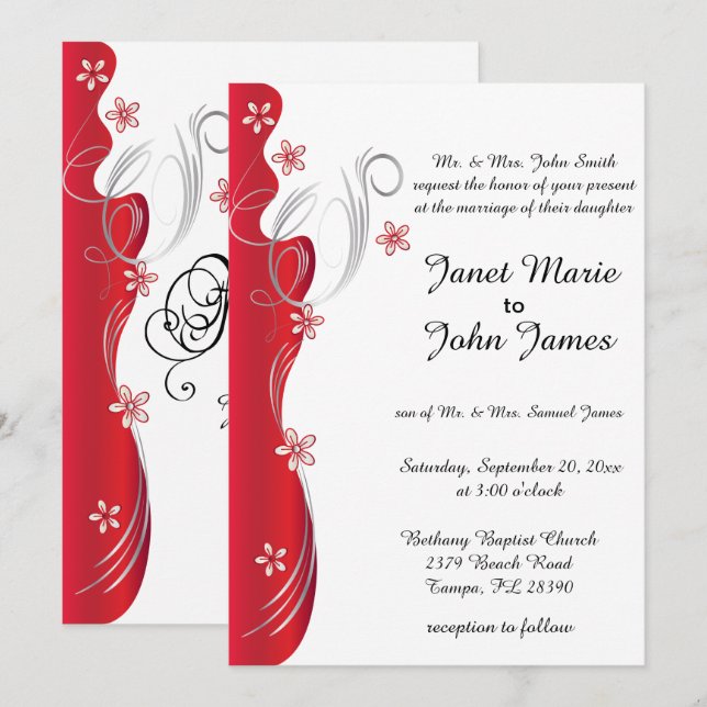 Invitation Mariage floral moderne | Rouge profond et argent (Devant / Derrière)