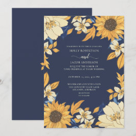 Invitation Mariage floral moderne Sunflower bleu jaune crème