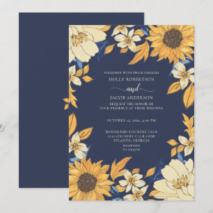 Invitation Mariage floral moderne Sunflower bleu jaune crème