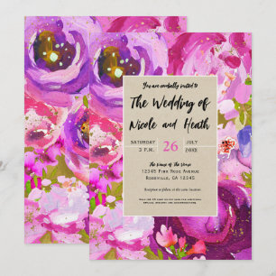 Invitation Mariage Floral Moderne Tons Rose Violet Or