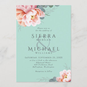 Invitation Mariage Floral Moderne Vert Menthe Rose Pêche