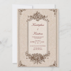 Invitation Mariage Floral Monochrome Sépia de Style Victorien